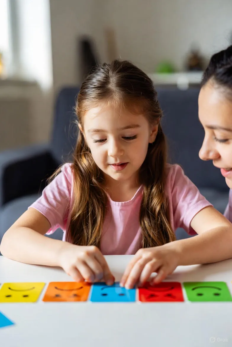 niña de 6-7 años sentada a una mesa con varias tarjetas de colores