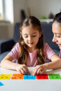 niña de 6-7 años sentada a una mesa con varias tarjetas de colores