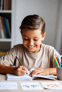 niño de 9-10 años escribiendo en un cuaderno en una mesa