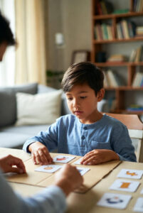 niño de 7-8 años sentado frente a una mesa con varias tarjetas ilustradas