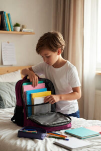 niño ordenando su mochila